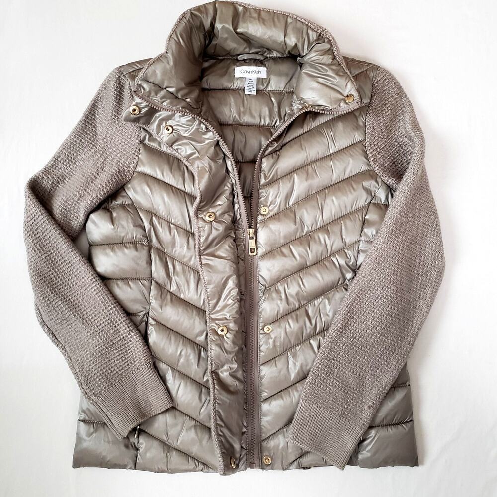 Calvin Klein Mock Neck Puffer Jacket Sweater Sleeves Champagne Taupe Women’s M